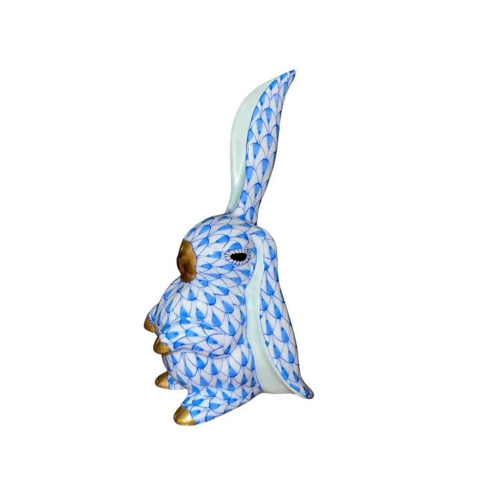 Herend Porcelain Blue Fishnet 4” One Ear Up Rabbit Figurine Gold Accents 5325 - Picture 2 of 7